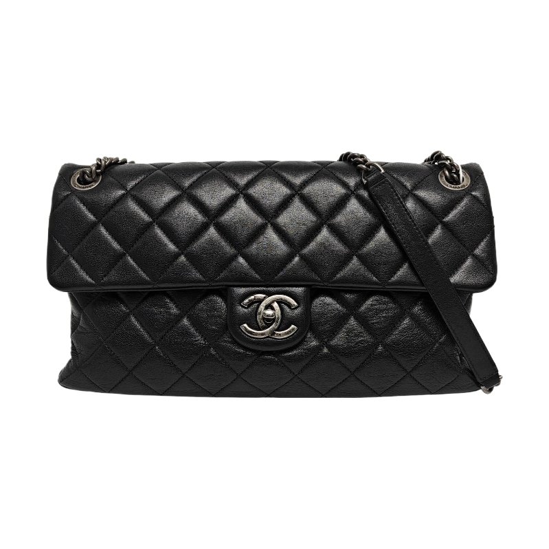 CHANEL 大號黑色羊皮菱格紋絎縫單肩包斜挎包 釘色五金 20開-0