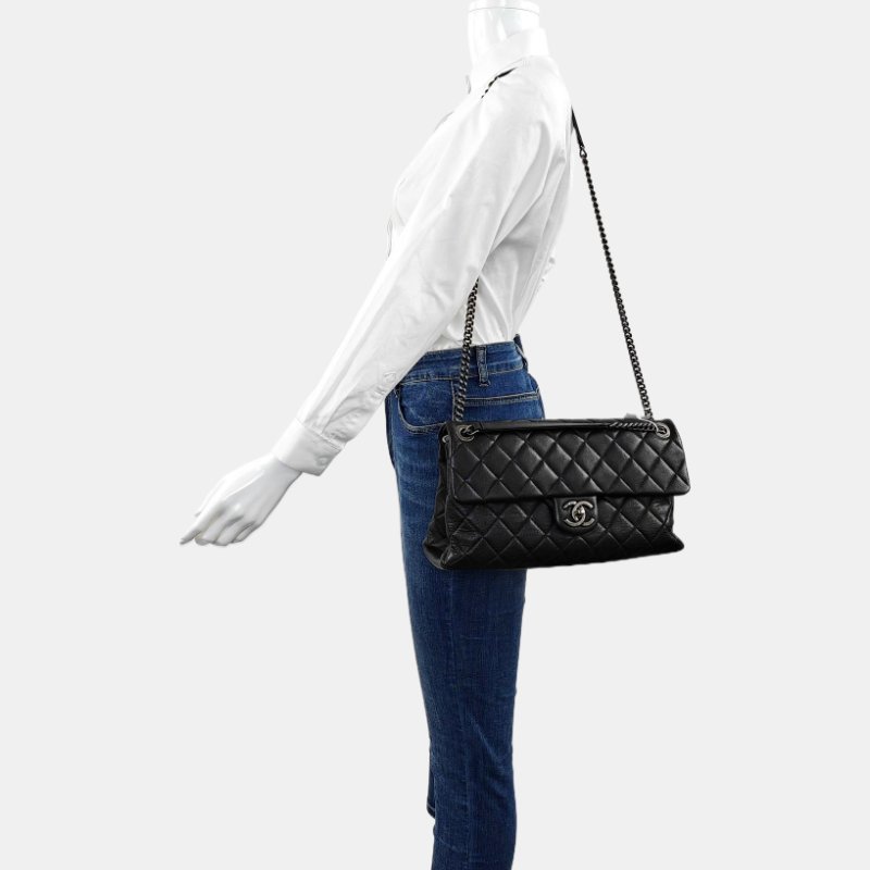 CHANEL 大號黑色羊皮菱格紋絎縫單肩包斜挎包 釘色五金 20開-1