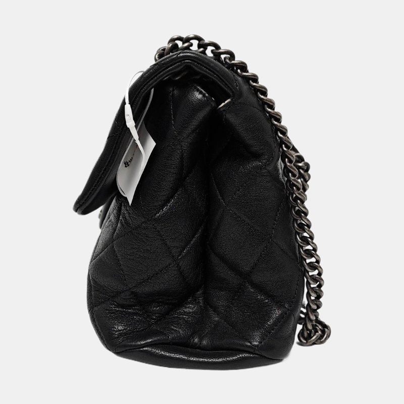 CHANEL 大號黑色羊皮菱格紋絎縫單肩包斜挎包 釘色五金 20開-2