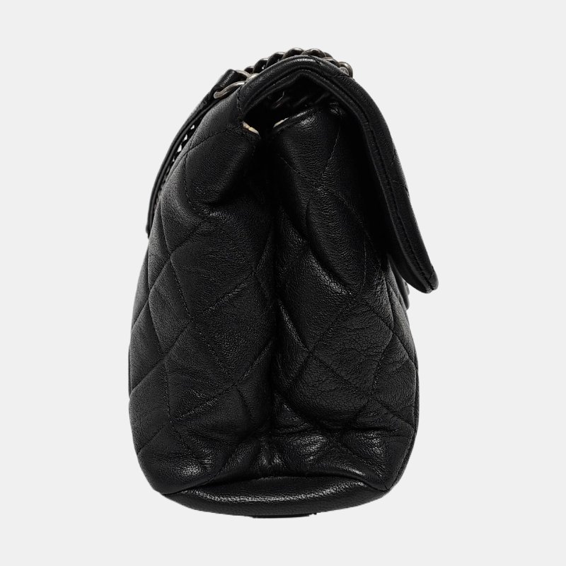 CHANEL 大號黑色羊皮菱格紋絎縫單肩包斜挎包 釘色五金 20開-3