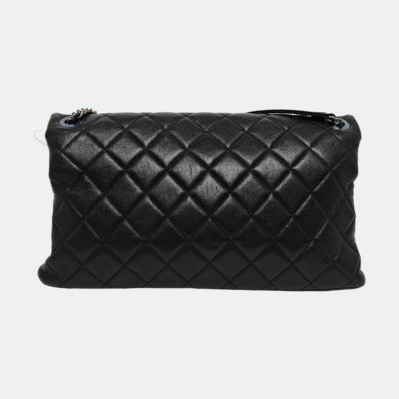 CHANEL 大號黑色羊皮菱格紋絎縫單肩包斜挎包 釘色五金 20開-4