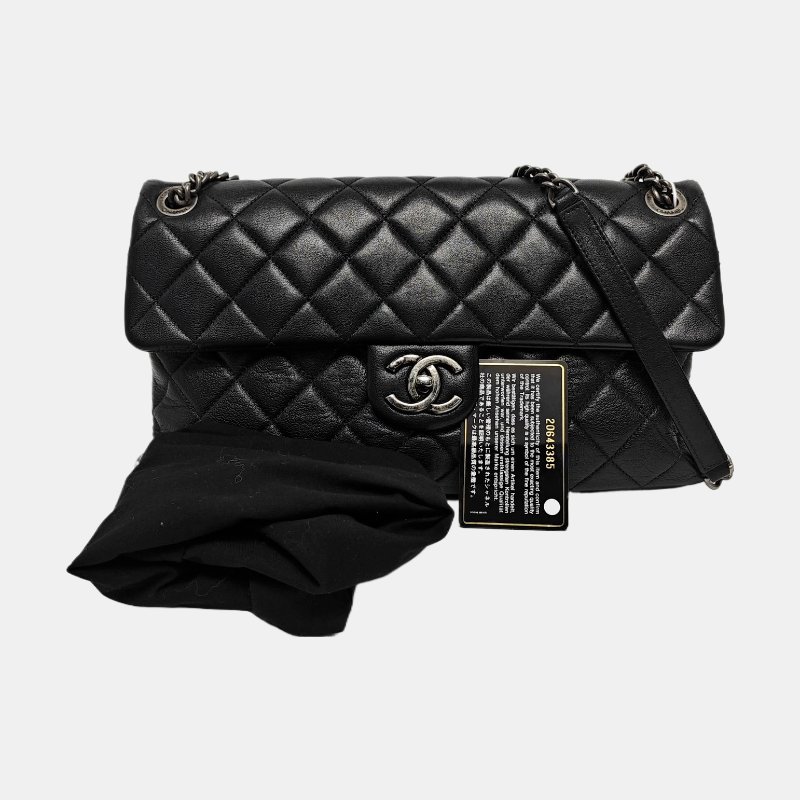 CHANEL 大號黑色羊皮菱格紋絎縫單肩包斜挎包 釘色五金 20開-7