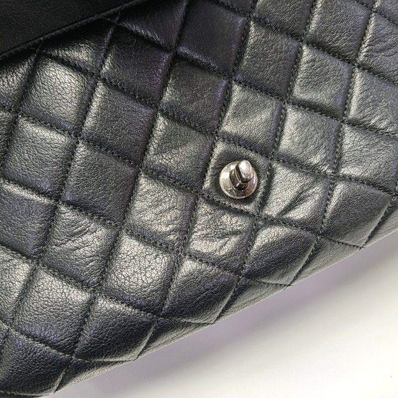 CHANEL 大號黑色羊皮菱格紋絎縫單肩包斜挎包 釘色五金 20開-8