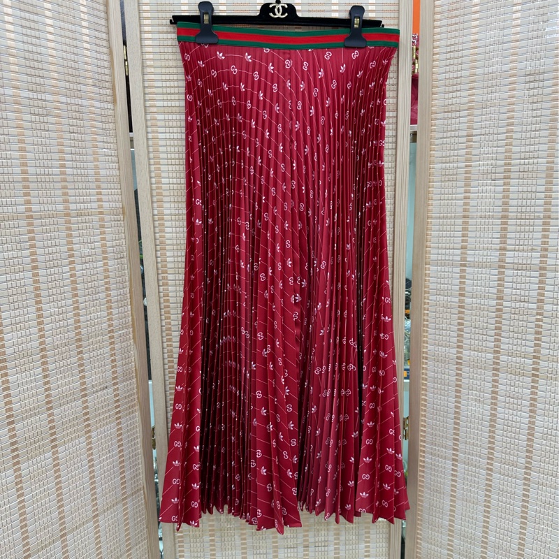 Gucci x Adidas聯名 紅色logo棉質百褶半身長裙 42碼-0