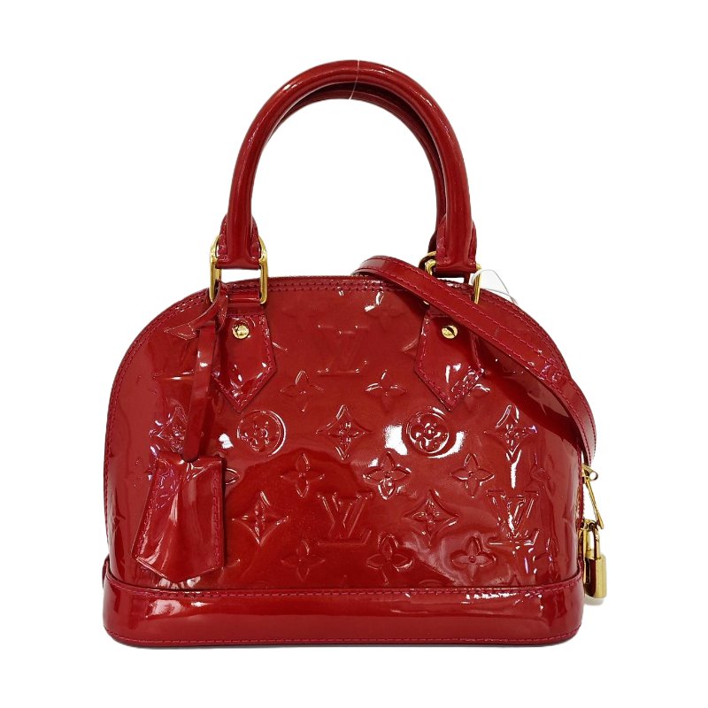 LOUIS VUITTON ALMA BB 紅色漆皮老花壓紋貝殼包單肩包手提包斜挎包 金色五金 可拆卸肩帶-0