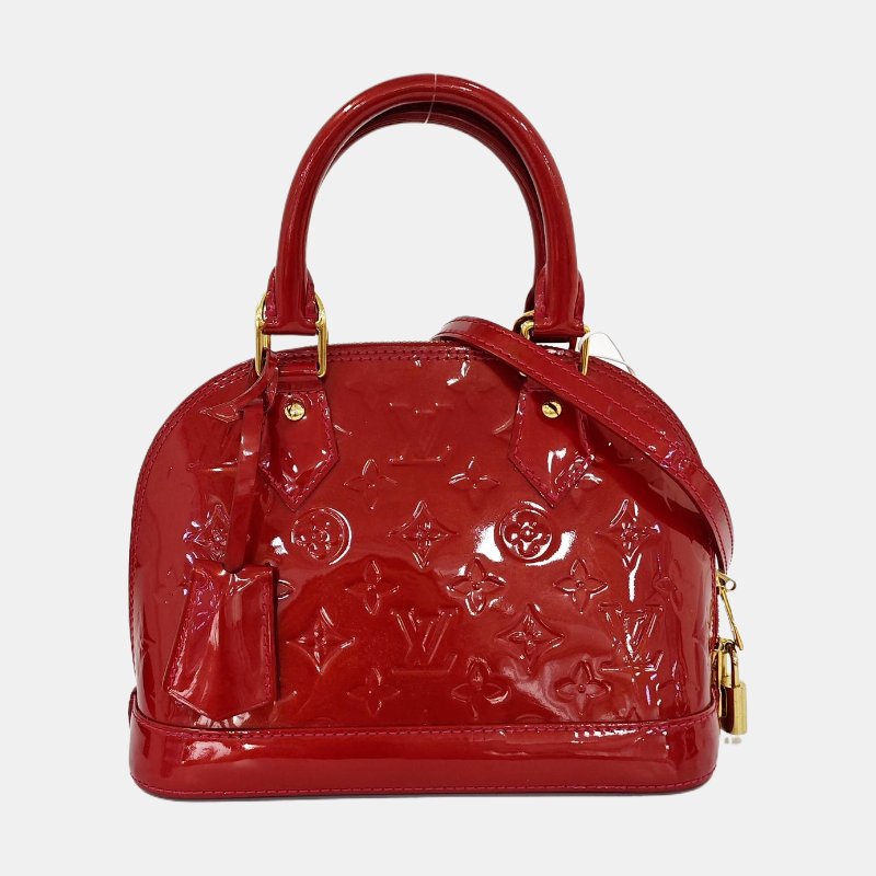 LOUIS VUITTON ALMA BB 紅色漆皮老花壓紋貝殼包單肩包手提包斜挎包 金色五金 可拆卸肩帶-7