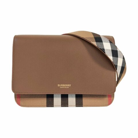 BURBERRY Henley棕色塗層帆布單肩包斜挎包 金色五金 可拆卸肩帶 9.8新