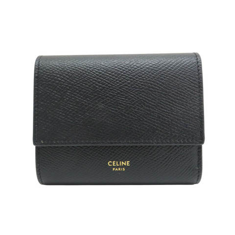 黑色 粒紋牛皮 三折短夾【CELINE 賽琳】