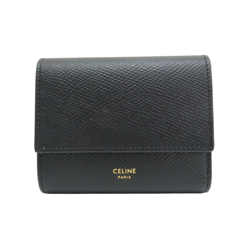 黑色 粒紋牛皮 三折短夾【CELINE 賽琳】-0
