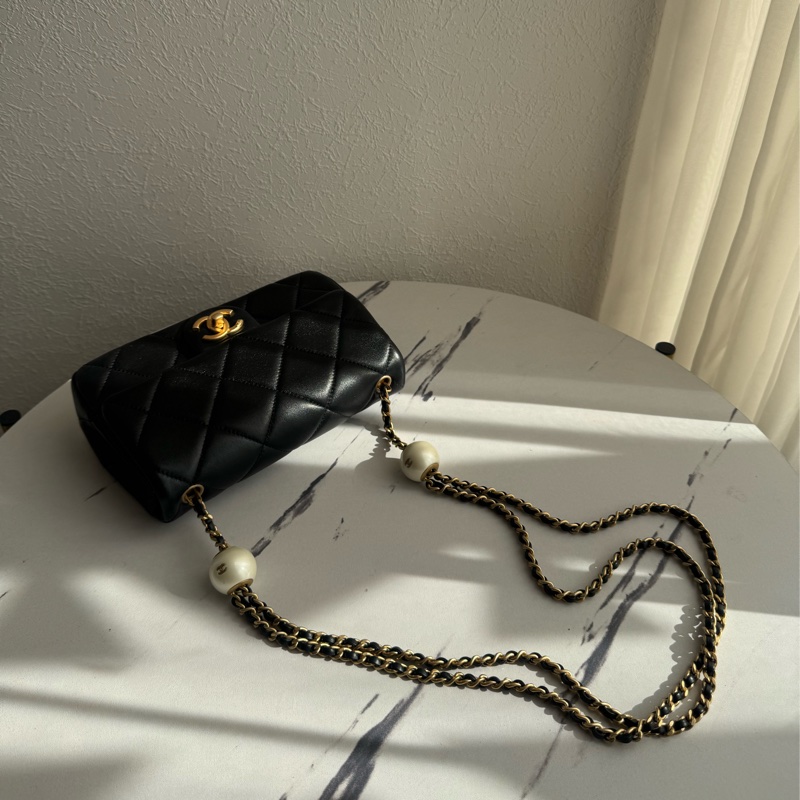 chanel黑大菱格雙珍珠調節鏈包   超美的✨-0