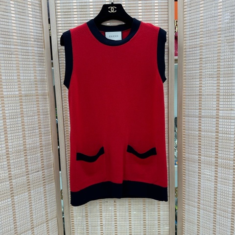 Gucci古馳 紅色拼色無袖針織連身裙 M碼
