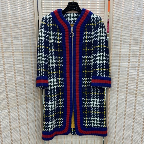 Gucci 古馳學院風紅藍條紋拉鍊開襟衫大衣 44碼