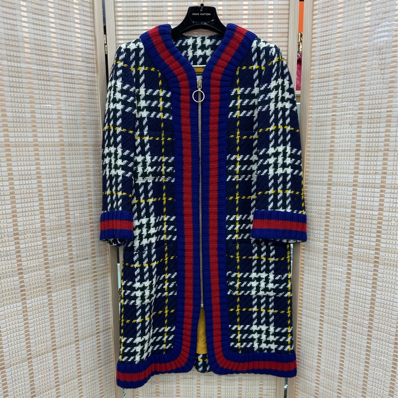 Gucci 古馳學院風紅藍條紋拉鍊開襟衫大衣 44碼-0