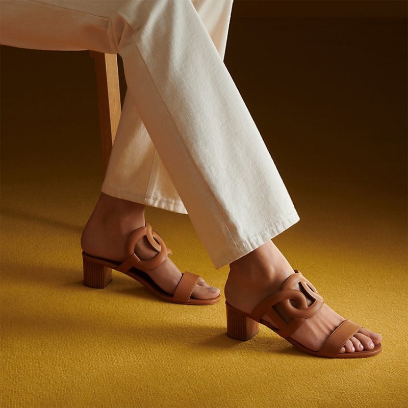 39.5號 ::HERMES:: 金棕色 豬鼻環 粗跟涼鞋 拖鞋 Bikini Sandal-0