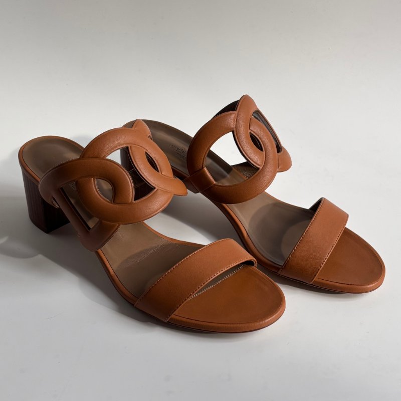 39.5號 ::HERMES:: 金棕色 豬鼻環 粗跟涼鞋 拖鞋 Bikini Sandal-3