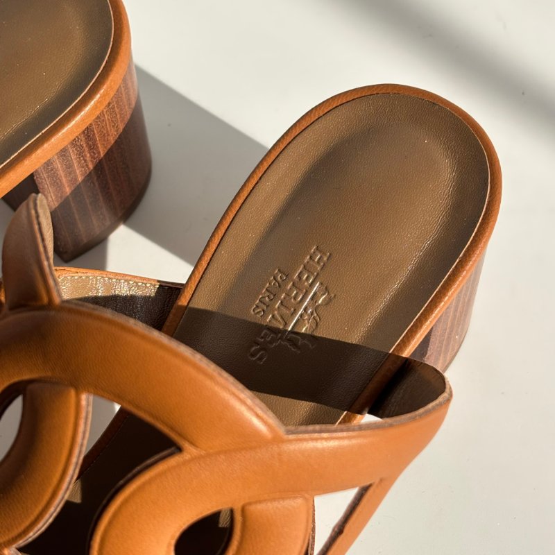 39.5號 ::HERMES:: 金棕色 豬鼻環 粗跟涼鞋 拖鞋 Bikini Sandal-4