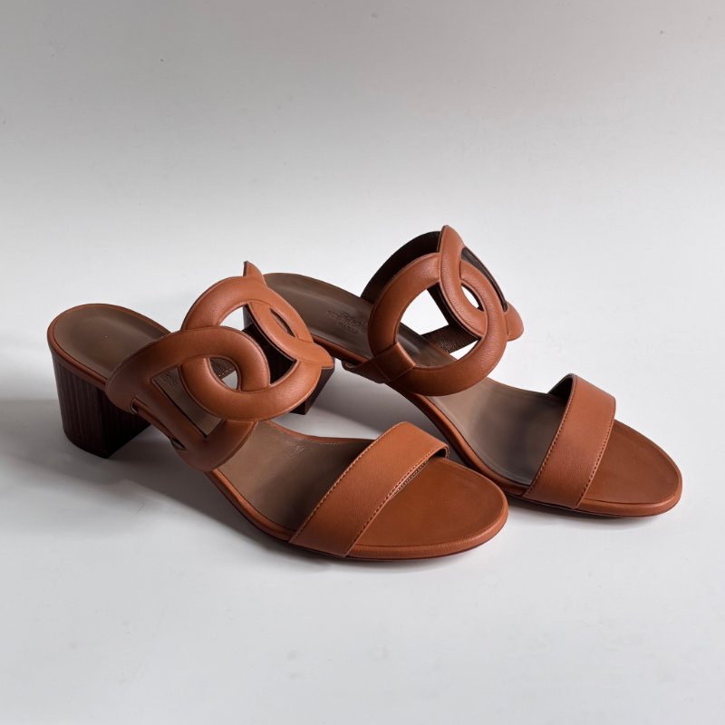 39.5號 ::HERMES:: 金棕色 豬鼻環 粗跟涼鞋 拖鞋 Bikini Sandal-5