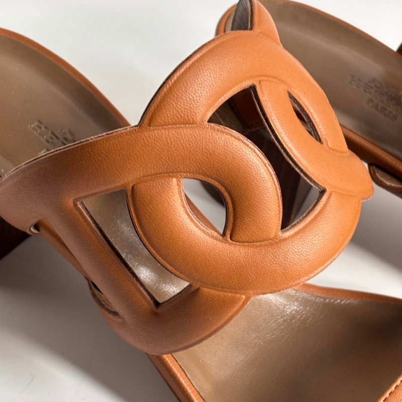 39.5號 ::HERMES:: 金棕色 豬鼻環 粗跟涼鞋 拖鞋 Bikini Sandal-7