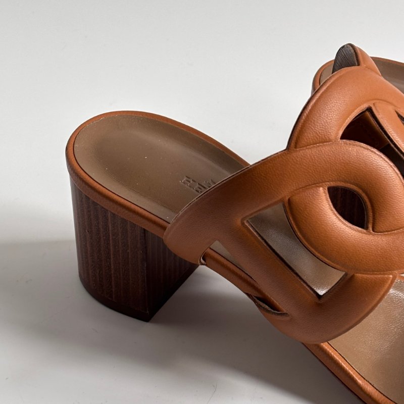 39.5號 ::HERMES:: 金棕色 豬鼻環 粗跟涼鞋 拖鞋 Bikini Sandal-12