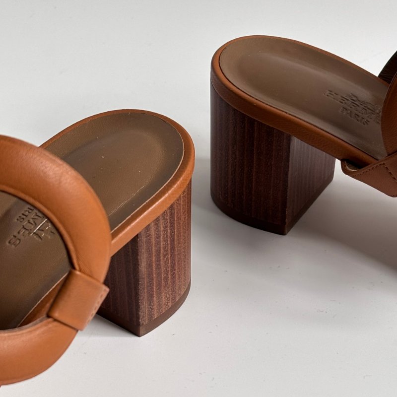 39.5號 ::HERMES:: 金棕色 豬鼻環 粗跟涼鞋 拖鞋 Bikini Sandal-14