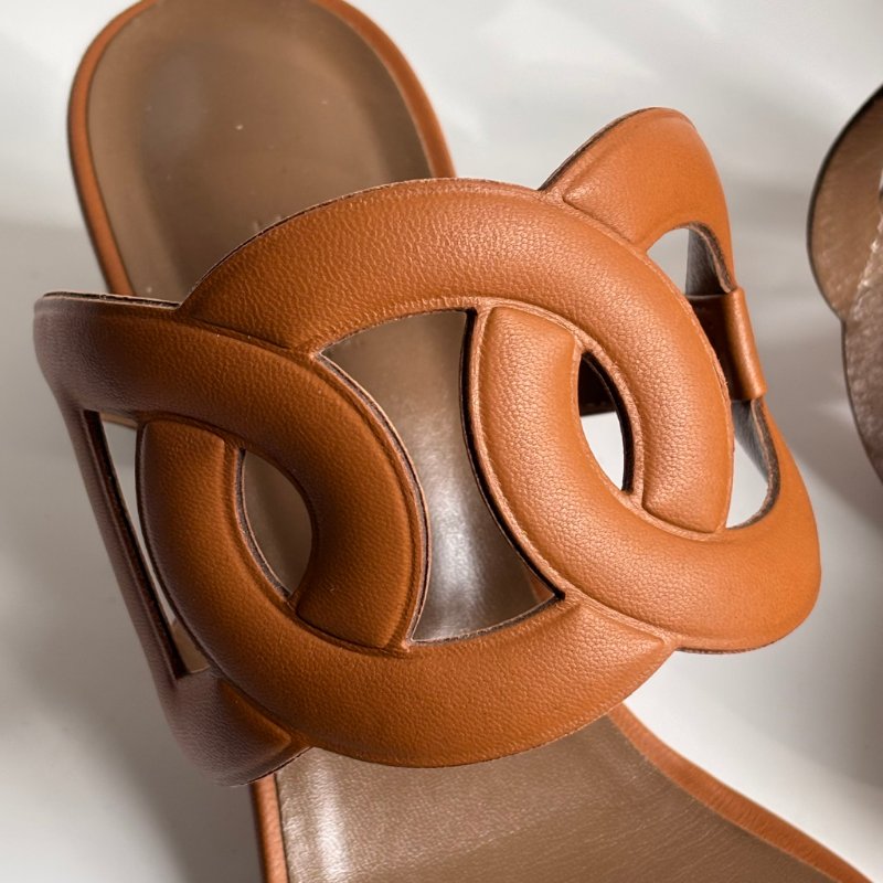 39.5號 ::HERMES:: 金棕色 豬鼻環 粗跟涼鞋 拖鞋 Bikini Sandal-21