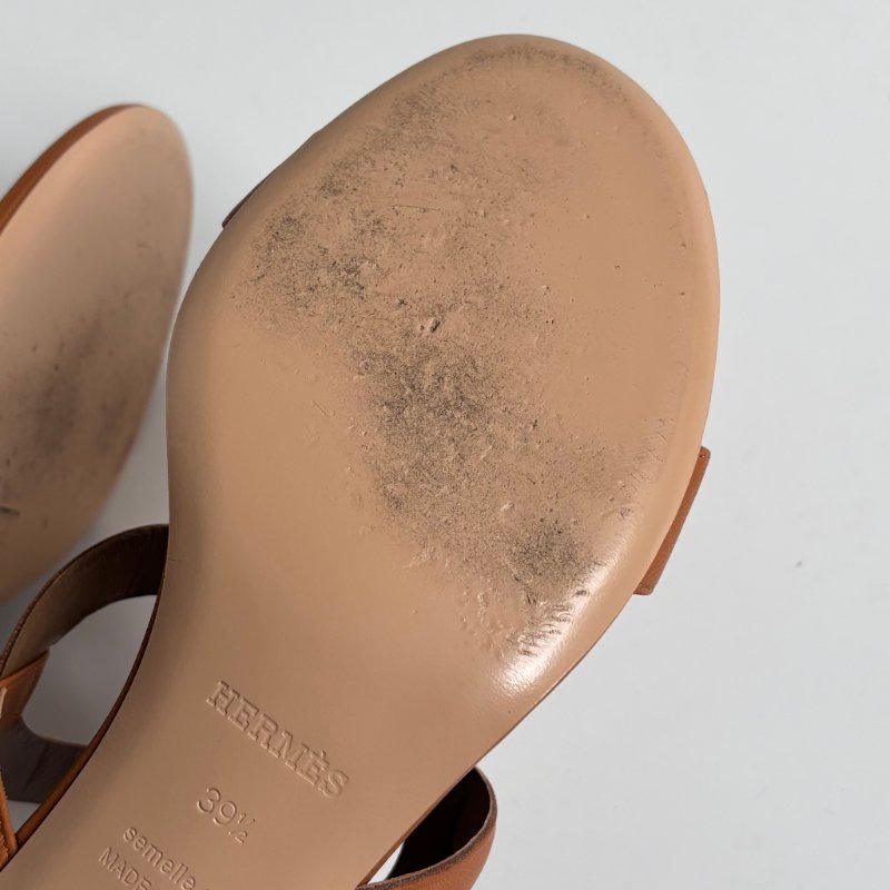 39.5號 ::HERMES:: 金棕色 豬鼻環 粗跟涼鞋 拖鞋 Bikini Sandal-35