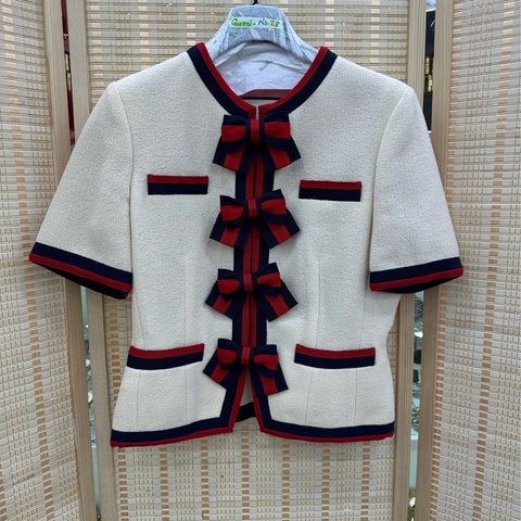 Gucci古馳蝴蝶結短袖西裝外套米白色紅藍條紋 羊毛混紡布料 40碼