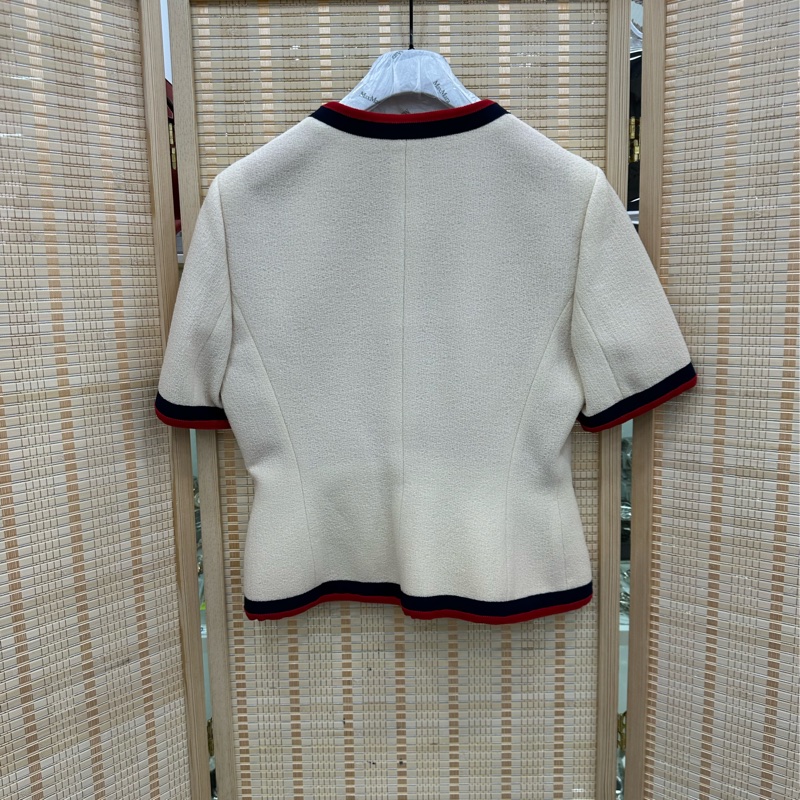 Gucci古馳蝴蝶結短袖西裝外套米白色紅藍條紋 羊毛混紡布料 40碼-1