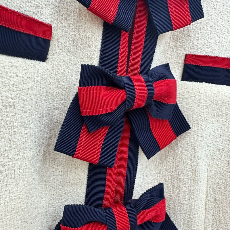 Gucci古馳蝴蝶結短袖西裝外套米白色紅藍條紋 羊毛混紡布料 40碼-2