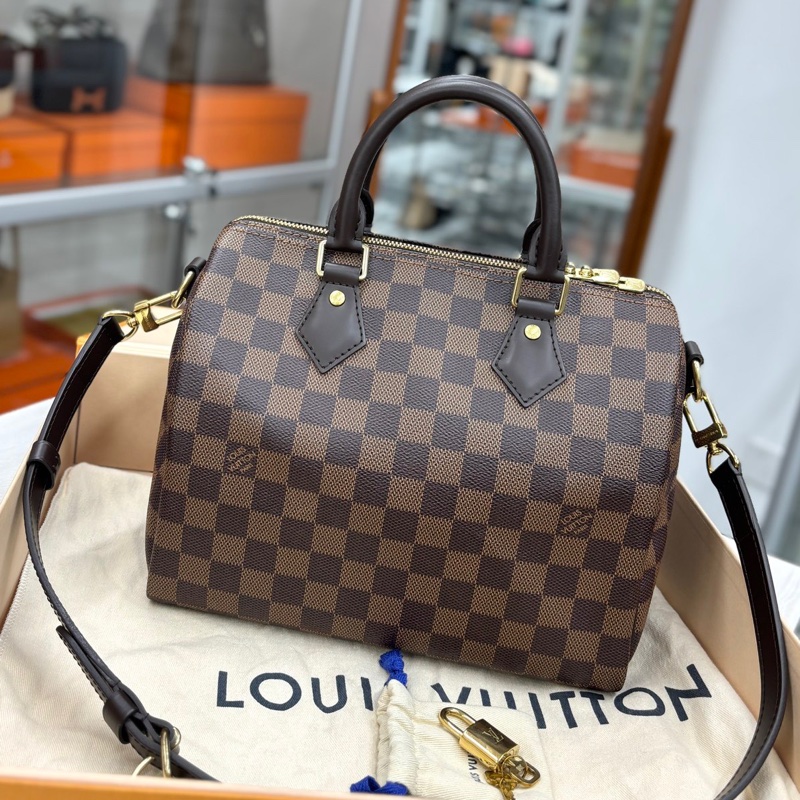 【近新閒置品】Louis Vuitton 路易威登 LV 棕色棋盤格 肩帶款speedy25純芯片款-0