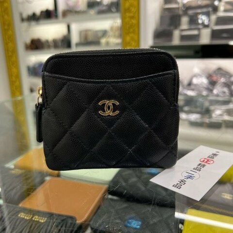東區正精品㊣CHANEL AP2061香奈兒黑色荔枝牛皮金拉鍊卡片夾零錢包吐司包 RZ6166