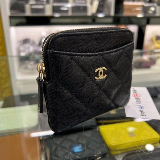 東區正精品㊣CHANEL AP2061香奈兒黑色荔枝牛皮金拉鍊卡片夾零錢包吐司包 RZ6166-1