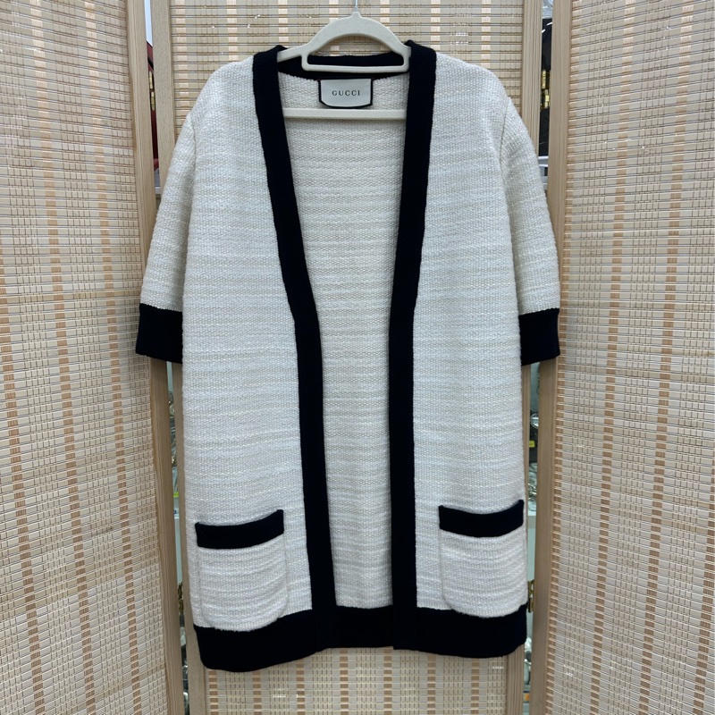 Gucci 古馳 米白拼黑針織開襟衫 撞色設計 V領短袖 s碼-0