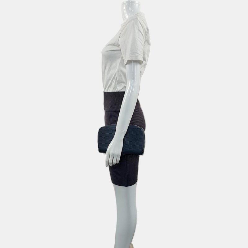 LOUIS VUITTON深藍色牛皮棋盤格手拿包 銀色五金 9.8新-1