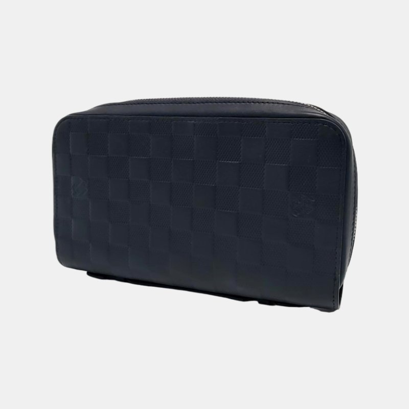 LOUIS VUITTON深藍色牛皮棋盤格手拿包 銀色五金 9.8新-2