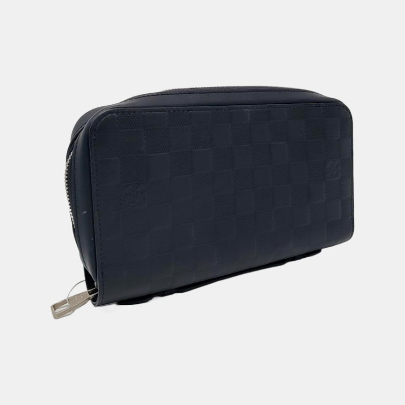 LOUIS VUITTON深藍色牛皮棋盤格手拿包 銀色五金 9.8新-3