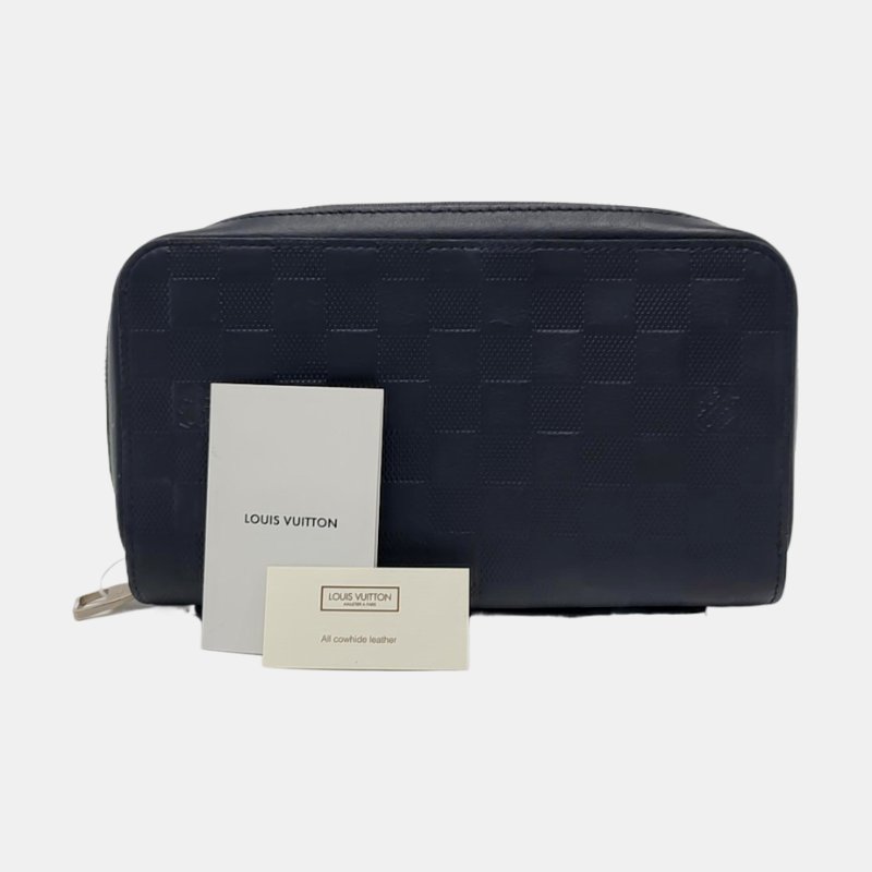 LOUIS VUITTON深藍色牛皮棋盤格手拿包 銀色五金 9.8新-7