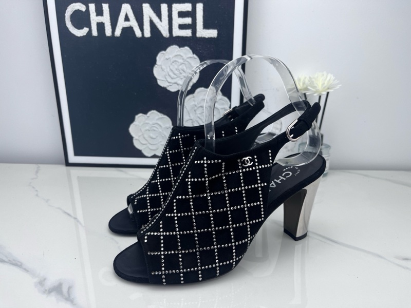 99新未使用chanel香奈兒 閃鑽粗跟麂皮涼靴 36.5碼-8