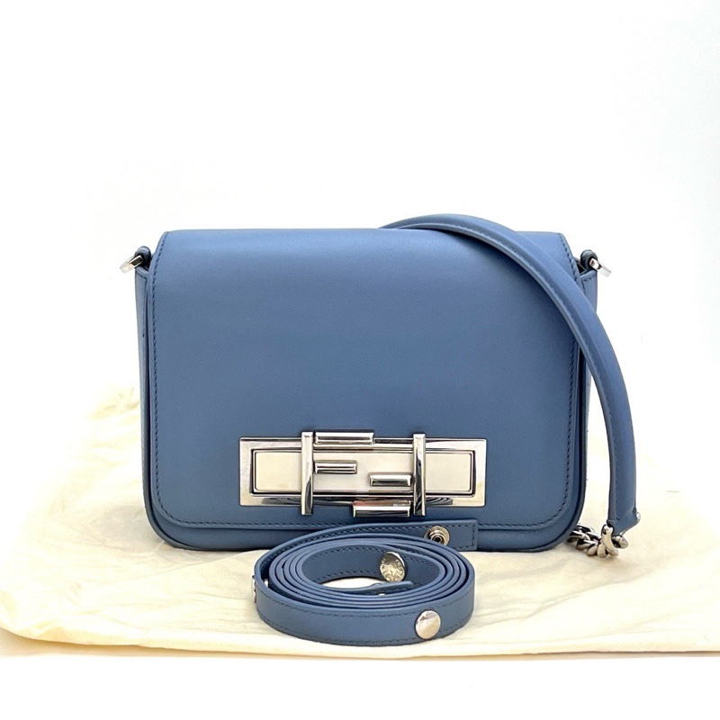 FENDI 藍銀牛皮雙F手提肩背斜背包22*16*7 98新配件塵袋-1