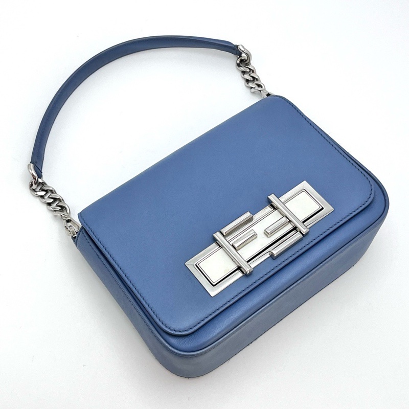 FENDI 藍銀牛皮雙F手提肩背斜背包22*16*7 98新配件塵袋-3