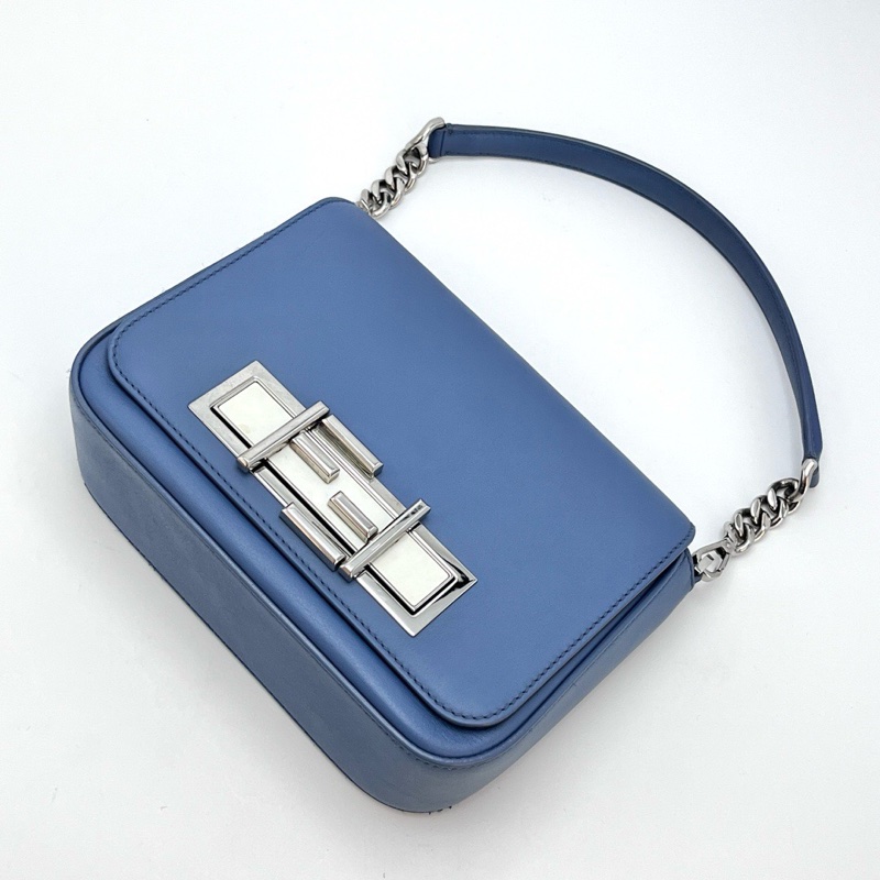 FENDI 藍銀牛皮雙F手提肩背斜背包22*16*7 98新配件塵袋-5
