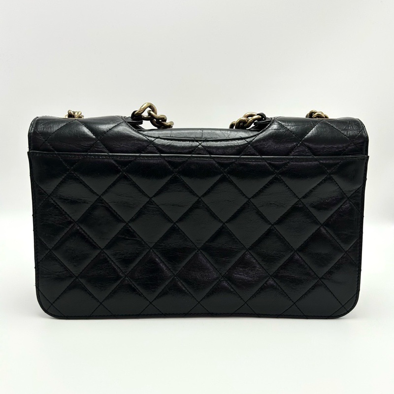 CHANEL 黑金孟買菱格紋油蠟皮鏈條肩背手提包30*20*5 98新配件塵袋-6