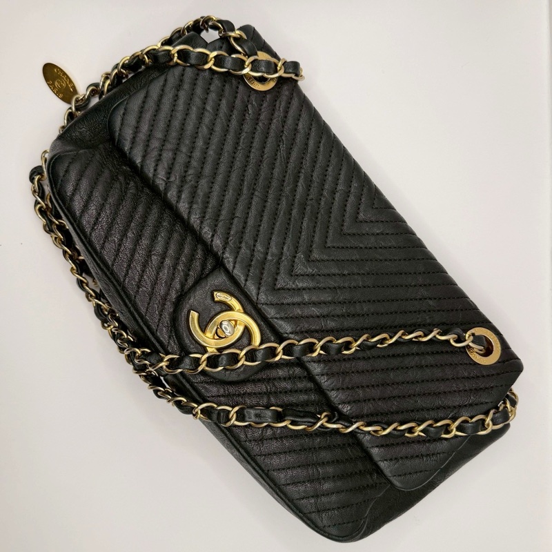 CHANEL CF V紋 單肩包 黑色 21開 金扣-0