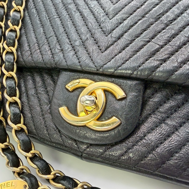 CHANEL CF V紋 單肩包 黑色 21開 金扣-6