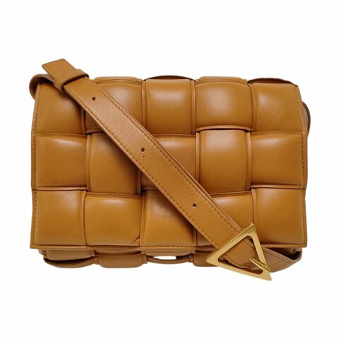 BOTTEGA VENETA Cassette棕色羊皮編織單肩包斜挎包金色五金