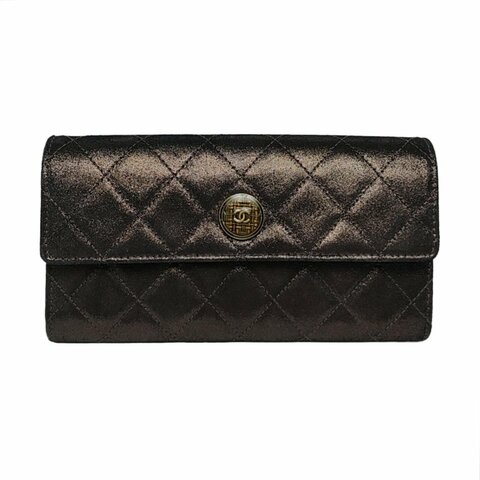 CHANEL深灰色牛皮菱格紋絎縫錢包金色五金18開