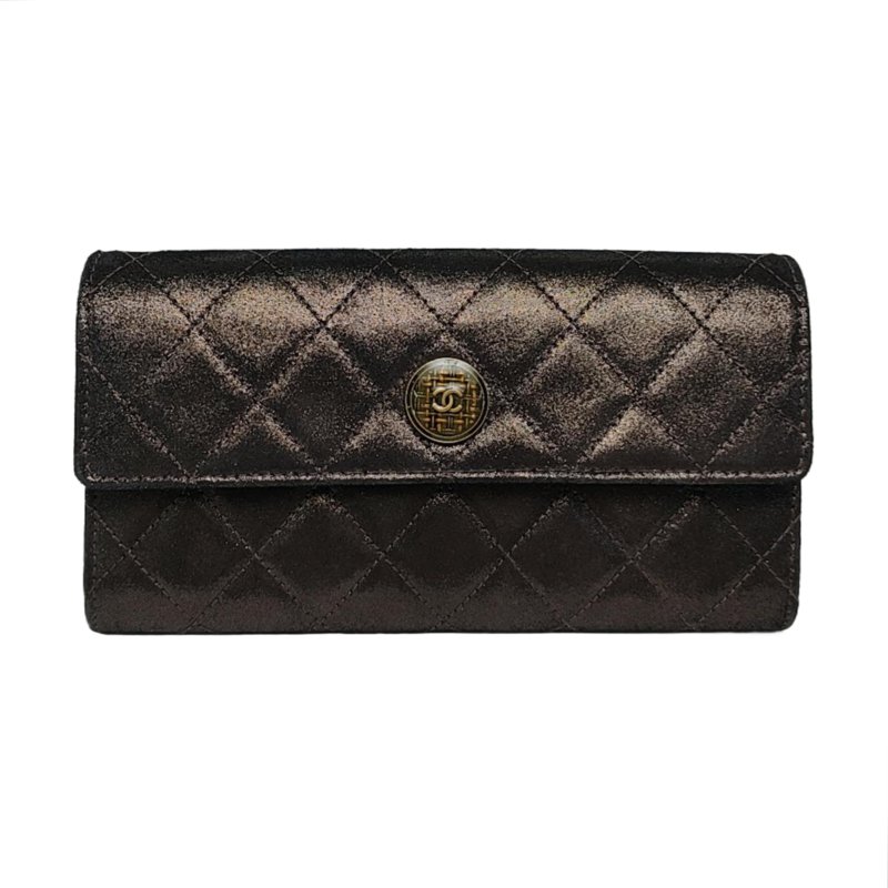 CHANEL深灰色牛皮菱格紋絎縫錢包金色五金18開-0