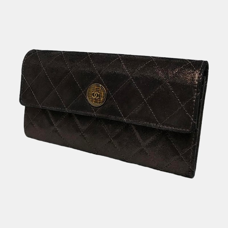 CHANEL深灰色牛皮菱格紋絎縫錢包金色五金18開-2