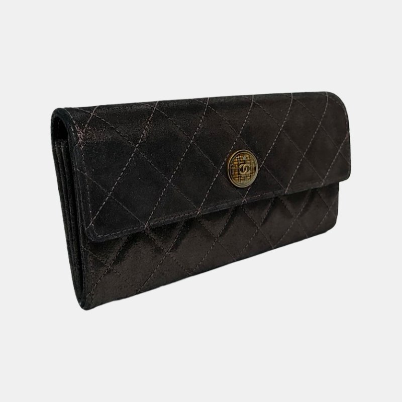 CHANEL深灰色牛皮菱格紋絎縫錢包金色五金18開-3