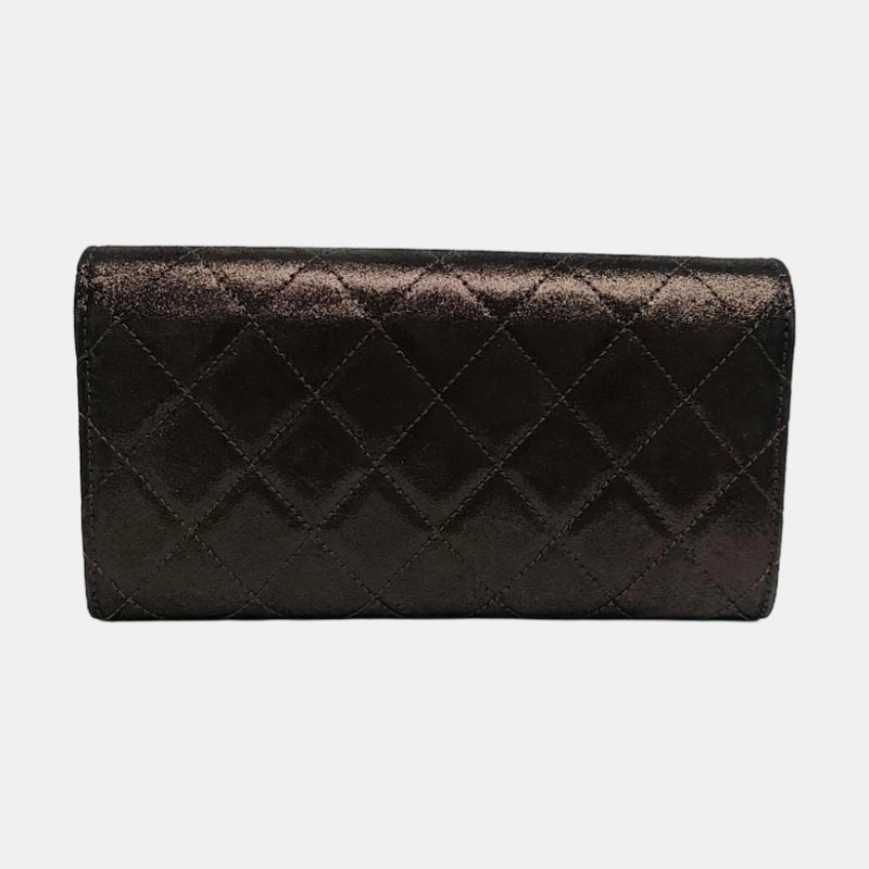 CHANEL深灰色牛皮菱格紋絎縫錢包金色五金18開-4